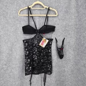 Magic Silk Exposed Chemise and G-String Set Women L/XL Black Lace Pick a Bow NEW